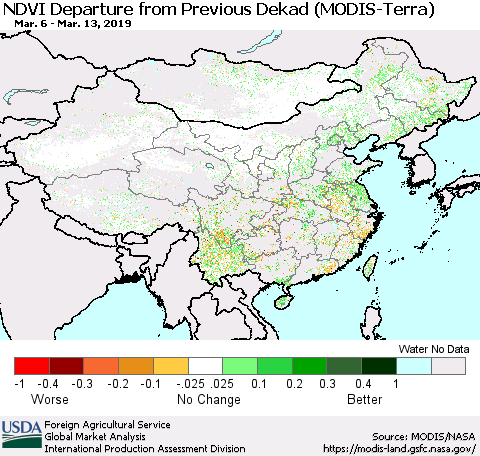 China and Taiwan NDVI Departure from Previous Dekad (Terra-MODIS) Thematic Map For 3/11/2019 - 3/20/2019
