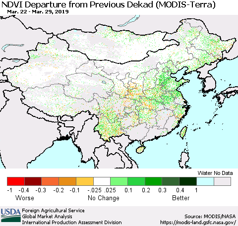 China, Mongolia and Taiwan NDVI Departure from Previous Dekad (Terra-MODIS) Thematic Map For 3/21/2019 - 3/31/2019
