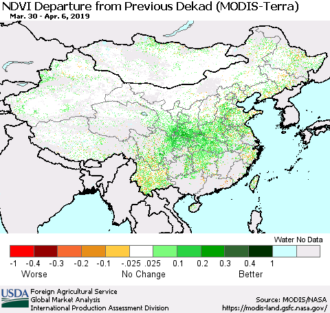 China, Mongolia and Taiwan NDVI Departure from Previous Dekad (Terra-MODIS) Thematic Map For 4/1/2019 - 4/10/2019