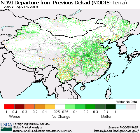 China and Taiwan NDVI Departure from Previous Dekad (Terra-MODIS) Thematic Map For 4/11/2019 - 4/20/2019