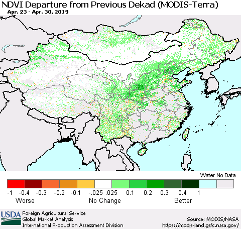 China and Taiwan NDVI Departure from Previous Dekad (Terra-MODIS) Thematic Map For 4/21/2019 - 4/30/2019