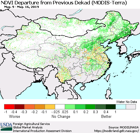 China, Mongolia and Taiwan NDVI Departure from Previous Dekad (Terra-MODIS) Thematic Map For 5/11/2019 - 5/20/2019