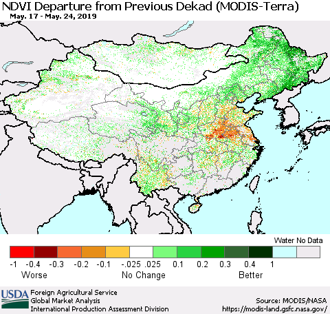 China and Taiwan NDVI Departure from Previous Dekad (Terra-MODIS) Thematic Map For 5/21/2019 - 5/31/2019
