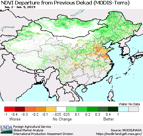 China and Taiwan NDVI Departure from Previous Dekad (Terra-MODIS) Thematic Map For 6/1/2019 - 6/10/2019