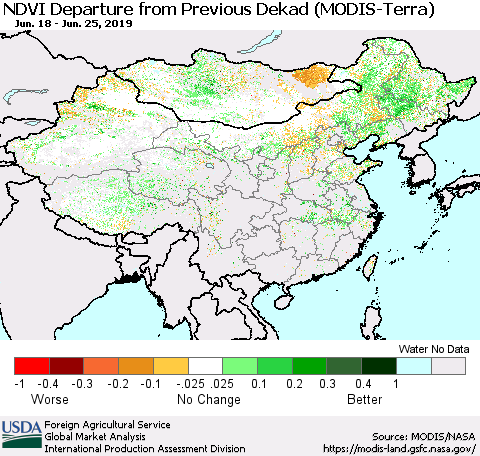 China and Taiwan NDVI Departure from Previous Dekad (Terra-MODIS) Thematic Map For 6/21/2019 - 6/30/2019