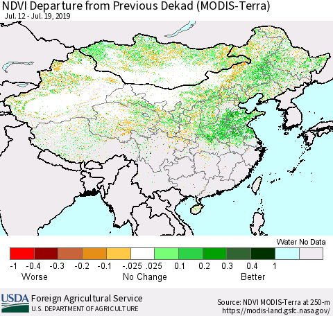 China and Taiwan NDVI Departure from Previous Dekad (Terra-MODIS) Thematic Map For 7/11/2019 - 7/20/2019