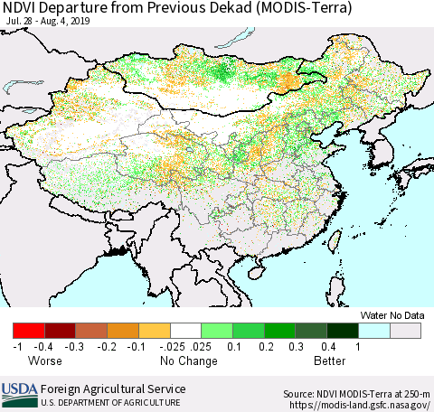 China and Taiwan NDVI Departure from Previous Dekad (Terra-MODIS) Thematic Map For 8/1/2019 - 8/10/2019