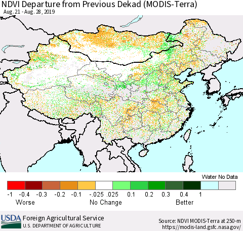 China and Taiwan NDVI Departure from Previous Dekad (Terra-MODIS) Thematic Map For 8/21/2019 - 8/31/2019
