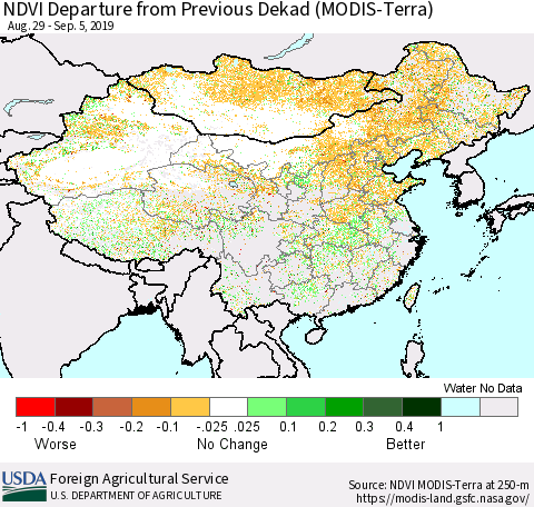 China and Taiwan NDVI Departure from Previous Dekad (Terra-MODIS) Thematic Map For 9/1/2019 - 9/10/2019