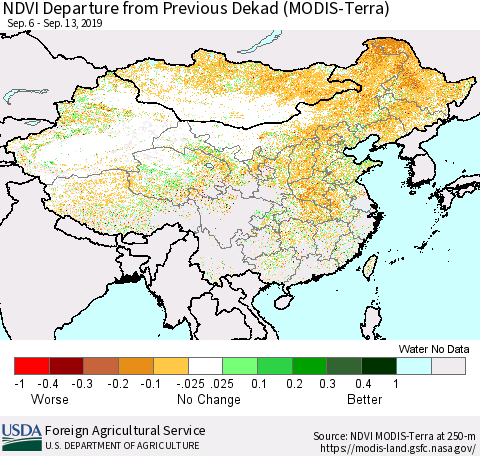 China and Taiwan NDVI Departure from Previous Dekad (Terra-MODIS) Thematic Map For 9/11/2019 - 9/20/2019