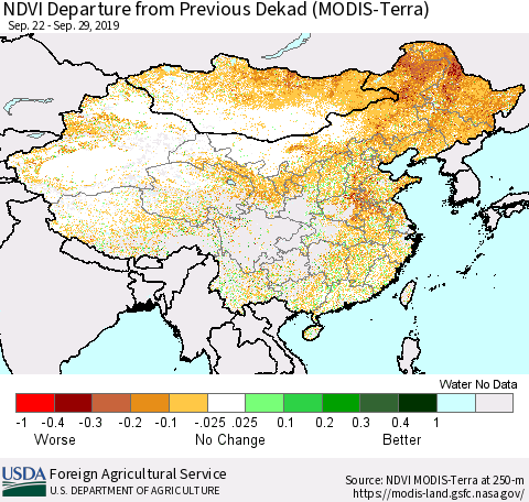 China and Taiwan NDVI Departure from Previous Dekad (Terra-MODIS) Thematic Map For 9/21/2019 - 9/30/2019