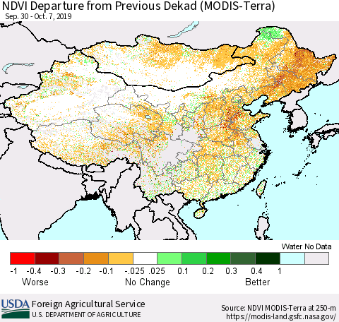 China and Taiwan NDVI Departure from Previous Dekad (Terra-MODIS) Thematic Map For 10/1/2019 - 10/10/2019