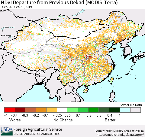 China and Taiwan NDVI Departure from Previous Dekad (Terra-MODIS) Thematic Map For 10/21/2019 - 10/31/2019