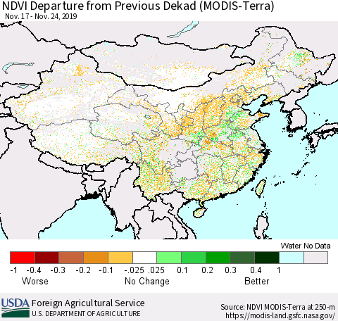 China and Taiwan NDVI Departure from Previous Dekad (Terra-MODIS) Thematic Map For 11/21/2019 - 11/30/2019