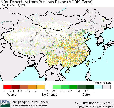China and Taiwan NDVI Departure from Previous Dekad (Terra-MODIS) Thematic Map For 12/11/2019 - 12/20/2019