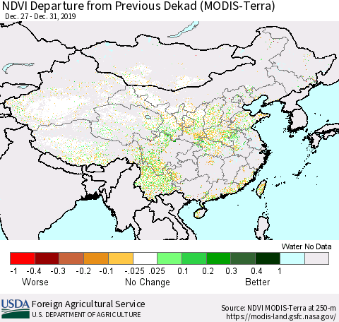 China and Taiwan NDVI Departure from Previous Dekad (Terra-MODIS) Thematic Map For 12/21/2019 - 12/31/2019