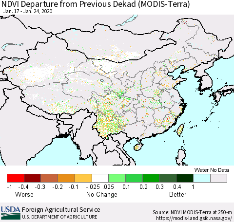 China and Taiwan NDVI Departure from Previous Dekad (Terra-MODIS) Thematic Map For 1/21/2020 - 1/31/2020