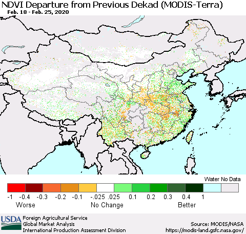 China and Taiwan NDVI Departure from Previous Dekad (Terra-MODIS) Thematic Map For 2/21/2020 - 2/29/2020