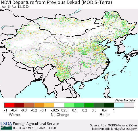 China and Taiwan NDVI Departure from Previous Dekad (Terra-MODIS) Thematic Map For 4/11/2020 - 4/20/2020