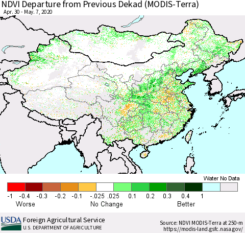China and Taiwan NDVI Departure from Previous Dekad (Terra-MODIS) Thematic Map For 5/1/2020 - 5/10/2020