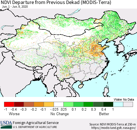 China and Taiwan NDVI Departure from Previous Dekad (Terra-MODIS) Thematic Map For 6/1/2020 - 6/10/2020