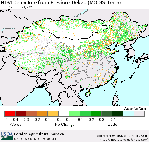 China and Taiwan NDVI Departure from Previous Dekad (Terra-MODIS) Thematic Map For 6/21/2020 - 6/30/2020