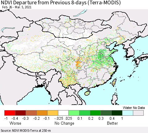 China, Mongolia and Taiwan NDVI Departure from Previous 8-days (Terra-MODIS) Thematic Map For 2/26/2021 - 3/5/2021