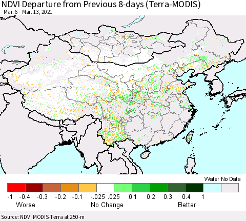 China, Mongolia and Taiwan NDVI Departure from Previous 8-days (Terra-MODIS) Thematic Map For 3/6/2021 - 3/13/2021