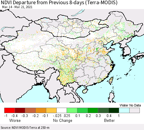 China, Mongolia and Taiwan NDVI Departure from Previous 8-days (Terra-MODIS) Thematic Map For 3/14/2021 - 3/21/2021