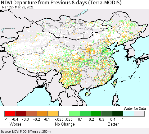China, Mongolia and Taiwan NDVI Departure from Previous 8-days (Terra-MODIS) Thematic Map For 3/22/2021 - 3/29/2021