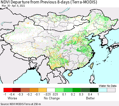 China, Mongolia and Taiwan NDVI Departure from Previous 8-days (Terra-MODIS) Thematic Map For 3/30/2021 - 4/6/2021