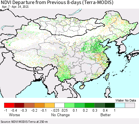 China, Mongolia and Taiwan NDVI Departure from Previous 8-days (Terra-MODIS) Thematic Map For 4/7/2021 - 4/14/2021