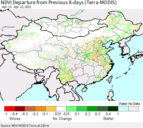 China, Mongolia and Taiwan NDVI Departure from Previous 8-days (Terra-MODIS) Thematic Map For 4/15/2021 - 4/22/2021