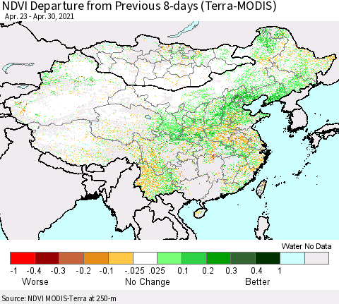 China, Mongolia and Taiwan NDVI Departure from Previous 8-days (Terra-MODIS) Thematic Map For 4/23/2021 - 4/30/2021