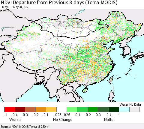 China, Mongolia and Taiwan NDVI Departure from Previous 8-days (Terra-MODIS) Thematic Map For 5/1/2021 - 5/8/2021