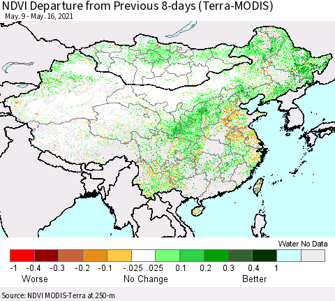 China, Mongolia and Taiwan NDVI Departure from Previous 8-days (Terra-MODIS) Thematic Map For 5/9/2021 - 5/16/2021