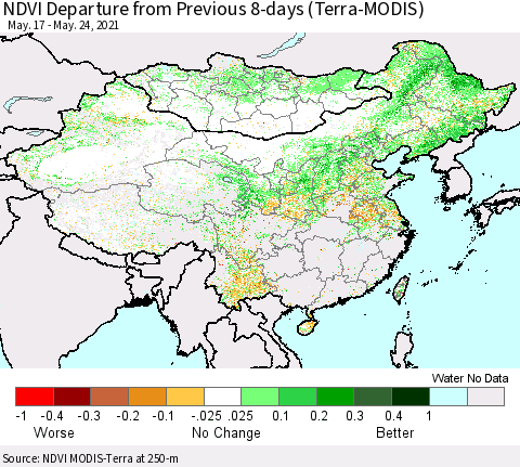 China, Mongolia and Taiwan NDVI Departure from Previous 8-days (Terra-MODIS) Thematic Map For 5/17/2021 - 5/24/2021