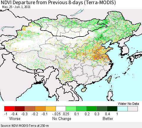 China, Mongolia and Taiwan NDVI Departure from Previous 8-days (Terra-MODIS) Thematic Map For 5/25/2021 - 6/1/2021