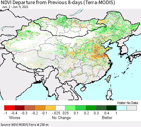 China, Mongolia and Taiwan NDVI Departure from Previous 8-days (Terra-MODIS) Thematic Map For 6/2/2021 - 6/9/2021