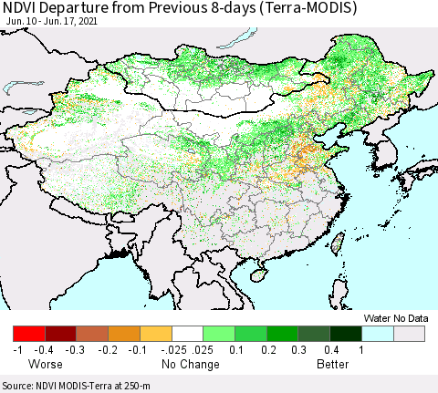 China, Mongolia and Taiwan NDVI Departure from Previous 8-days (Terra-MODIS) Thematic Map For 6/10/2021 - 6/17/2021