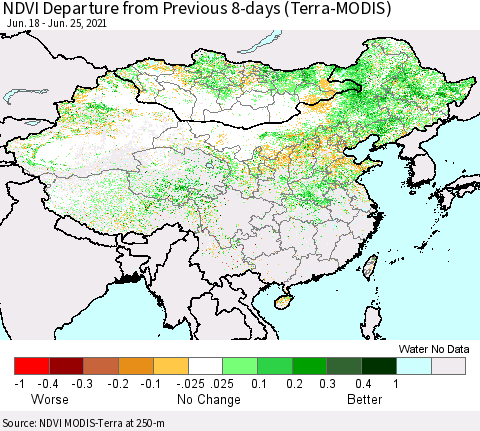 China, Mongolia and Taiwan NDVI Departure from Previous 8-days (Terra-MODIS) Thematic Map For 6/18/2021 - 6/25/2021