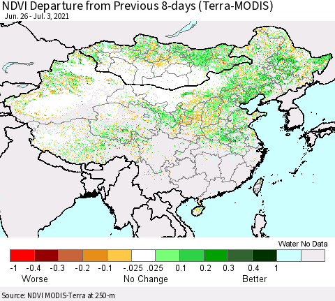 China, Mongolia and Taiwan NDVI Departure from Previous 8-days (Terra-MODIS) Thematic Map For 6/26/2021 - 7/3/2021