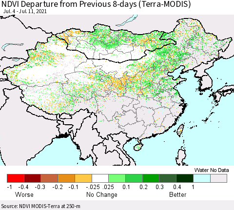 China, Mongolia and Taiwan NDVI Departure from Previous 8-days (Terra-MODIS) Thematic Map For 7/4/2021 - 7/11/2021