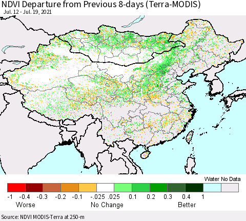 China, Mongolia and Taiwan NDVI Departure from Previous 8-days (Terra-MODIS) Thematic Map For 7/12/2021 - 7/19/2021
