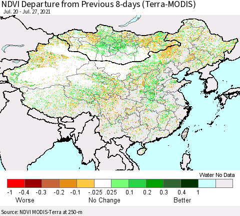 China, Mongolia and Taiwan NDVI Departure from Previous 8-days (Terra-MODIS) Thematic Map For 7/20/2021 - 7/27/2021