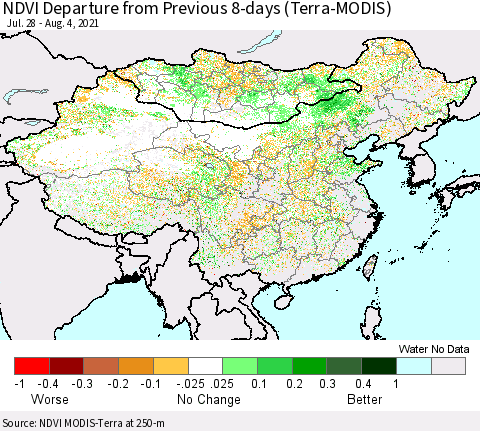 China, Mongolia and Taiwan NDVI Departure from Previous 8-days (Terra-MODIS) Thematic Map For 7/28/2021 - 8/4/2021