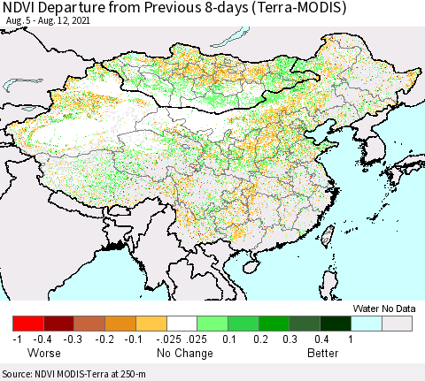 China, Mongolia and Taiwan NDVI Departure from Previous 8-days (Terra-MODIS) Thematic Map For 8/5/2021 - 8/12/2021