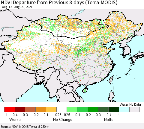 China, Mongolia and Taiwan NDVI Departure from Previous 8-days (Terra-MODIS) Thematic Map For 8/13/2021 - 8/20/2021