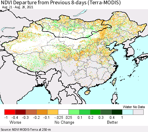 China, Mongolia and Taiwan NDVI Departure from Previous 8-days (Terra-MODIS) Thematic Map For 8/21/2021 - 8/28/2021