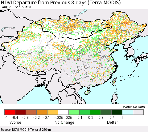China, Mongolia and Taiwan NDVI Departure from Previous 8-days (Terra-MODIS) Thematic Map For 8/29/2021 - 9/5/2021